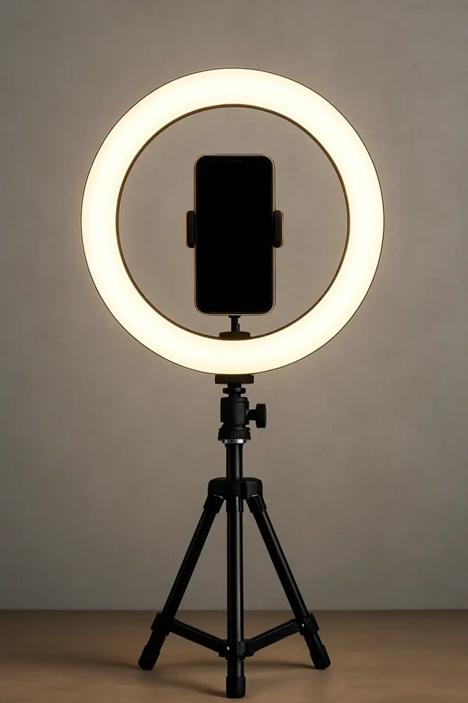Ring Light allumée, installée sur un trépied, avec un smartphone au centre