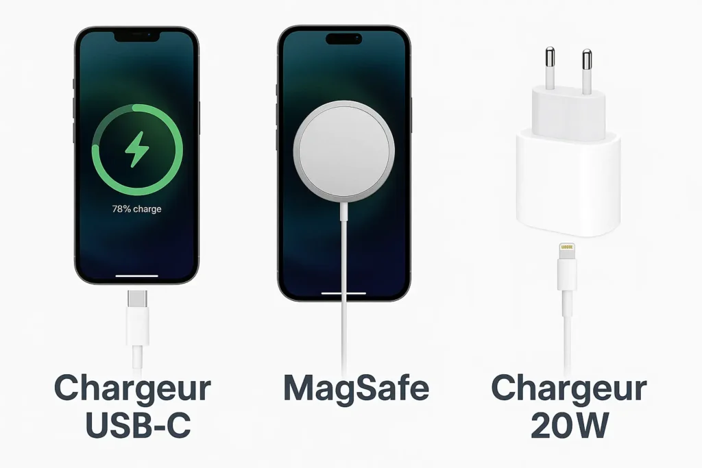 Comparatif visuel entre chargeur USB-C, MagSafe et chargeur 20W avec légendes