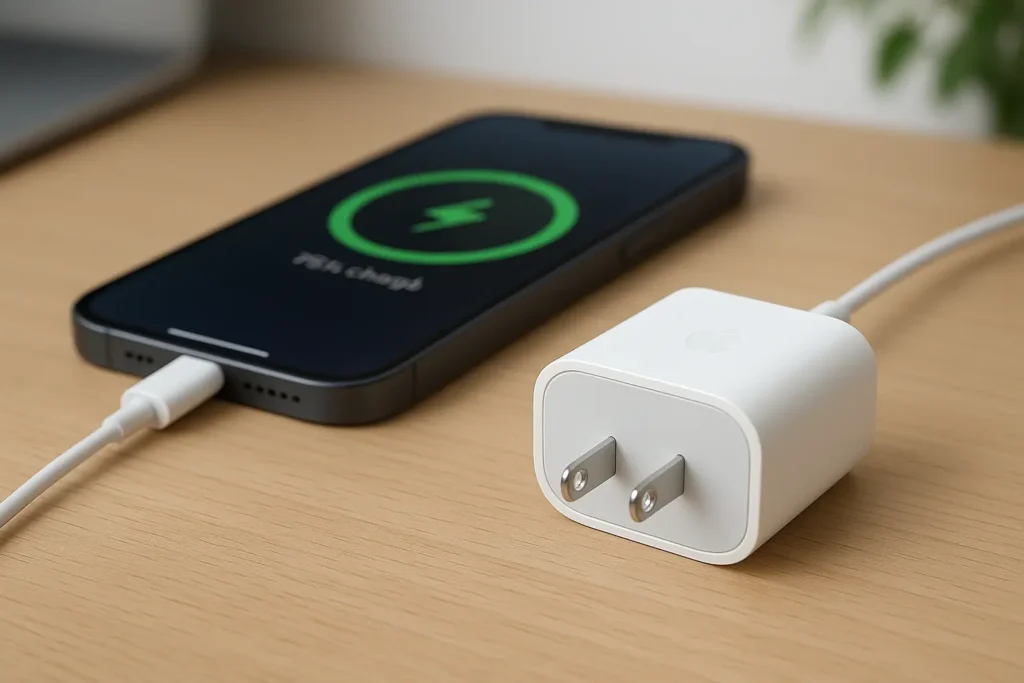 Zoom sur un chargeur iPhone USB-C Apple (posé sur un bureau avec un iPhone en charge)